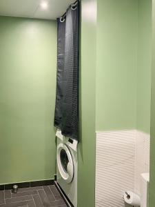 a bathroom with a washing machine in a green wall at Cocon design centre ville proche gare in Mâcon