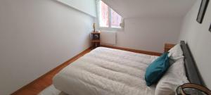 a bedroom with a bed with a blue pillow at Duplex moderne au cœur de Saverne in Saverne