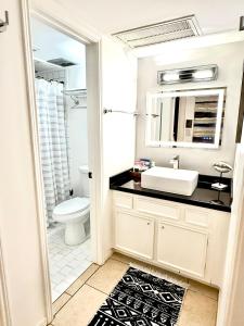 a bathroom with a sink and a toilet at Pristine Montrose Walkable Apt Half Block to Menil Museum in Houston +53 photos