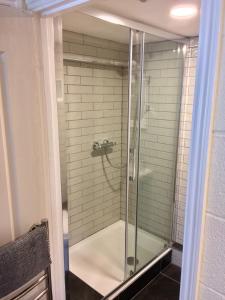 a shower with a glass door in a bathroom at Coach House Studio, quiet, rural, pet friendly, Probus in Probus