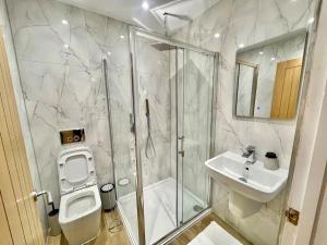 a bathroom with a shower and a toilet and a sink at Three bedroom Apartment In Glasgow City Centre in Glasgow