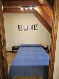 ein Schlafzimmer mit einem blauen Bett in einem Dachgeschoss in der Unterkunft 316 - Dúplex Pla de L'Ermita Boí Taüll in Pla de l'Ermita + 5 Fotos