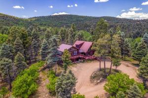 an aerial view of a house in the woods at Mtn-View Deck: Cabin Getaway in Angel Fire in Angel Fire