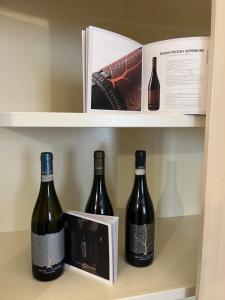 two bottles of wine on a shelf with a book at Agapanthus in Offida