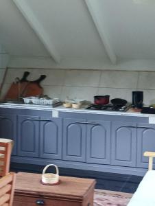 a blue kitchen with a stove with pots and pans at Parcela Punucapa in Valdivia