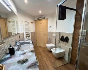 a bathroom with a shower and a sink and a toilet at Appartamento Serenella in Valdidentro +7 photos