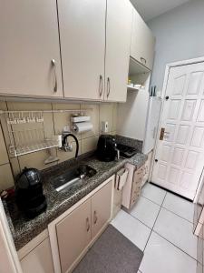 a small kitchen with a sink and a counter at Estúdio aconchegante no centro com elevador in Nova Friburgo +18 photos