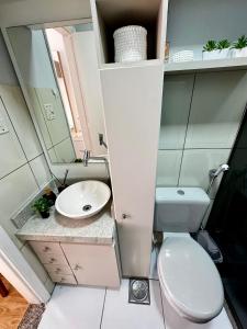 a small bathroom with a toilet and a sink at Estúdio aconchegante no centro com elevador in Nova Friburgo