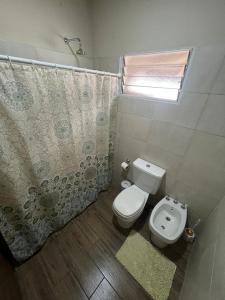 a bathroom with a toilet and a shower curtain at Departamento Balcarce in San Martín