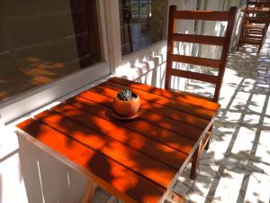 Hostal De María في سان كريستوبال دي لاس كازاس: مقعد خشبي على شرفة مع نبات عليه