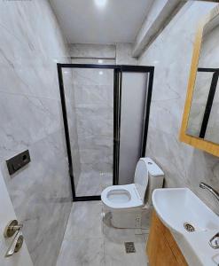 a bathroom with a toilet and a shower and a sink at Sleepy Taksim Hotel in Istanbul