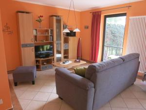 Una sala de estar con un sofá y un televisor. en Holiday home in Waren with swimming pool, en Waren
