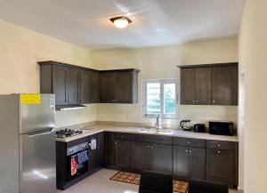 a kitchen with wooden cabinets and a stainless steel refrigerator at Déjà Vu Sea View Apartments in Oyster Pond