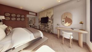 a bedroom with a bed and a desk and a mirror at Faranda Collection Cartagena, a member of Radisson Individuals in Cartagena de Indias