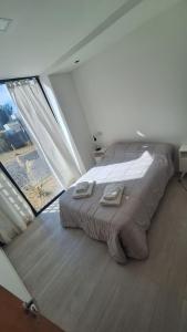 a large bed in a room with a large window at Cubil Naranja. Casa conteiner 2 dormitorios in General Roca