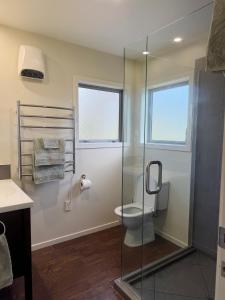 a bathroom with a toilet and a glass shower at Relaxing Rural Retreat - Stargaze or Soak Up the Sun in Luggate