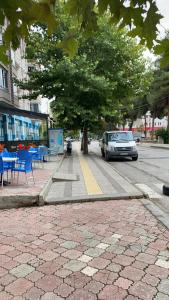 a car parked on the side of a street with a tree at Manolya apart in Zaqatala +2 photos