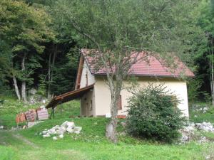 una pequeña casa con un árbol delante en Holiday home Lokovec 31 - Rojčeva domačija, en Čepovan