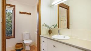 a bathroom with a sink and a toilet and a mirror at Coolburra in Culburra Beach