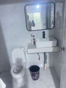 Un baño con lavabo, inodoro y espejo. en Asta Hotel, en Nuku‘alofa