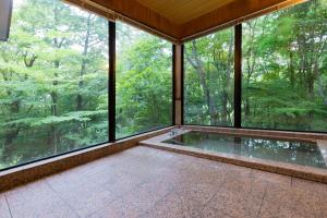 a room with a large window with a hot tub at KIZUKI 子供の記憶にいつまでも思い出が残る場所 虫も天気も気にせず屋内bbq 遊具 大浴場 in Nasu