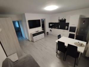 a large living room with a table and a television at Ubytování u Zelníčků in Chvalovice