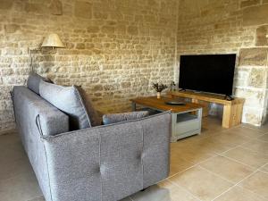 a living room with a couch and a television at Gîte Le Ptit Poirier in Coulon