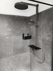 a shower with a shower head in a bathroom at Neue Welt Ferienwohnung 1 in Osteel