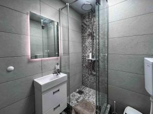 ein Badezimmer mit Dusche, Toilette und Waschbecken in der Unterkunft Blok 63 in Beograd