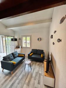 a living room with two couches and a tv at Appartement avec loggia et mezzanine, bord de mer, 4 personnes in Argelès-sur-Mer