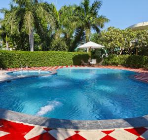 a large swimming pool in a resort with palm trees at Onyx Hotel & Resort, Jim Corbett in Jāmb