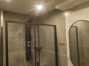 a shower in a bathroom with a mirror at Domek na zboczu Kistowo z Balią in Sulęczyno +35 photos