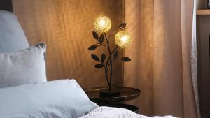 托尔高Altstadt Apartment in Torgau mit Balkon und Kunstgarten的床头桌边的灯