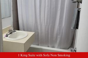 a bathroom with a sink and a shower curtain at Coratel Inn & Suites by Jasper Hutchinson in Hutchinson