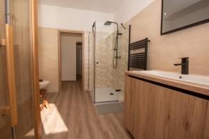 a bathroom with a sink and a shower at Apartmán Istebné in Istebné +2 photos