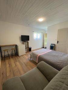 a room with two beds and a couch and a flat screen tv at Chez Carla in Sisteron