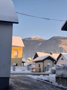 een groep huizen met sneeuw op de daken bij Mama's House in Cerklje na Gorenjskem