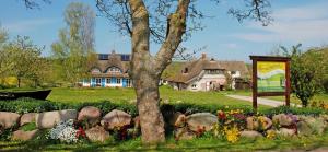 un árbol frente a una casa con flores en Ferienwohnungen unterm Reetdach, en Ostseebad Sellin 46 fotos más