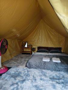 une tente avec un lit et deux serviettes dessus dans l'établissement Bansuanariya บ้านสวนอริยะ, à Ban Na Yang