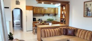 a living room with a couch and a kitchen at Ioanna's Home in Émbonas