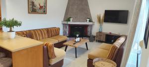 a living room with couches and a fireplace at Ioanna's Home in Émbonas