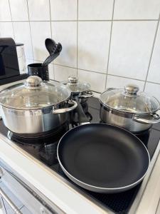 two pots and pans sitting on top of a stove at 2 Zimmer Apartment mit Sauna in Pforzheim +7 photos