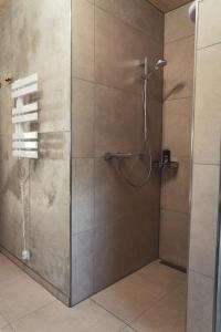a bathroom with a shower with a glass door at Ferienwohnung auf dem Alpakahof Sternenzelt Alpakas - Natur & Tiere hautnah erleben in Borken +38 photos