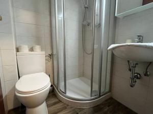 a bathroom with a shower and a toilet and a sink at Mariazellerhof Room 011 in Sankt Pölten