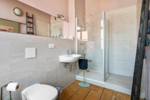 a bathroom with a shower and a toilet and a sink at Villa Bianca am Huy in Dingelstedt +31 photos