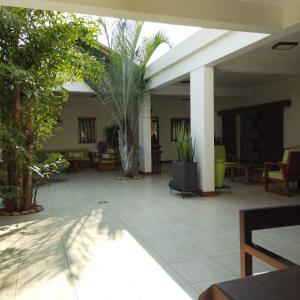 a courtyard with palm trees and a pool at Staff House Morondava in Morondava