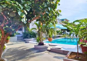 a pool in a resort with trees and plants at Casa Cactus - 2-Story Home with Garden and Pool in Puerto Escondido