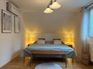 a bedroom with a bed with a blue comforter at Viola Horgász-és Vendégház in Tiszaug