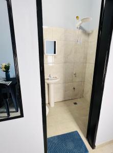 a bathroom with a shower and a sink at Almi Apart in Filadelfia