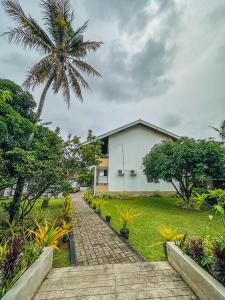 a white building with a palm tree in a yard at Sunrise Palace Negombo in Negombo +42 photos